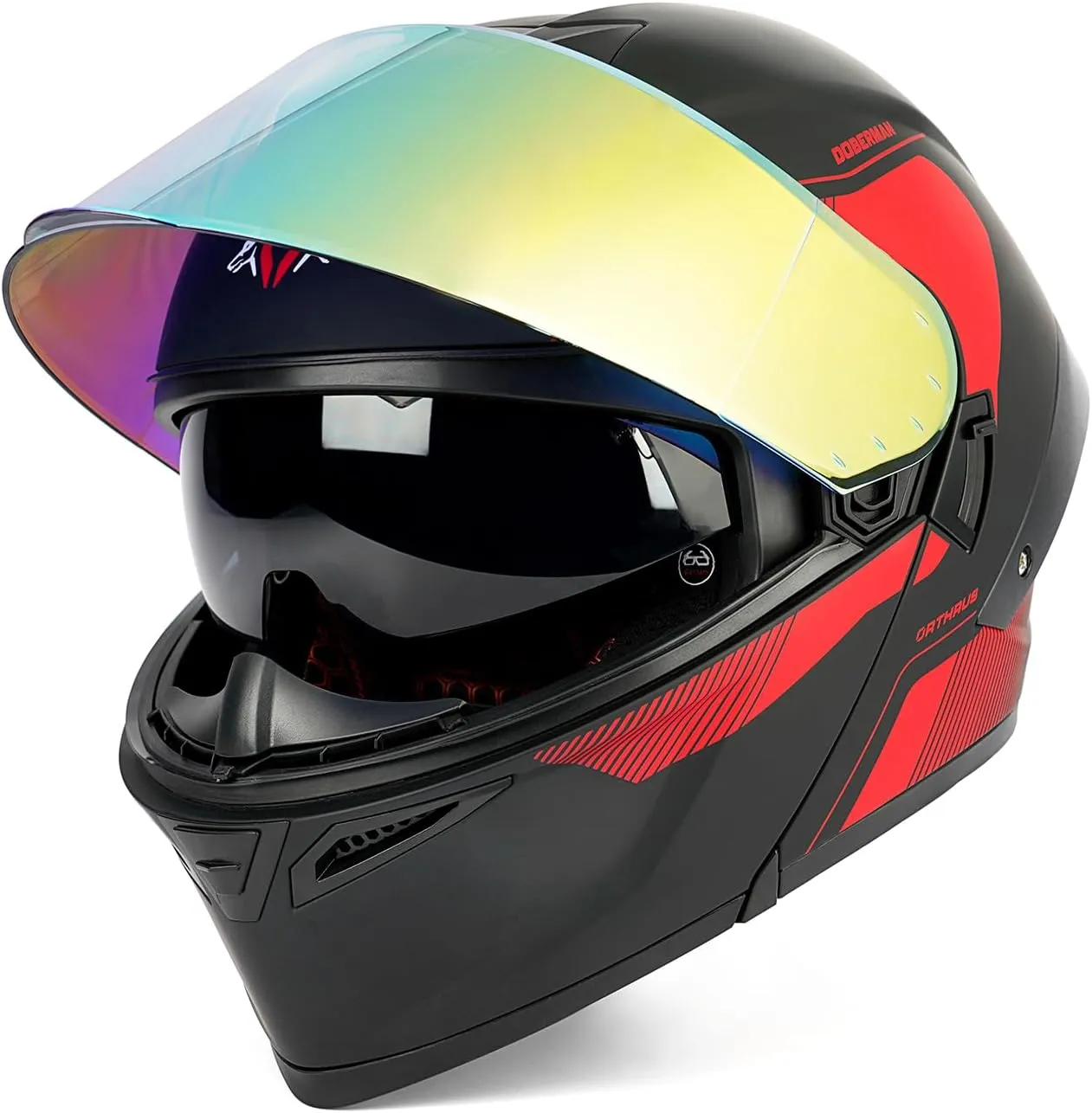 Orthrus Modular LED Full Face Motorcycle Helmet - DOT Approved Flip-Up Dual Visor Sun Shield & Bluetooth Ready for Adults Men Women - Street Bike/Motocross (Dobermann Red, XL)