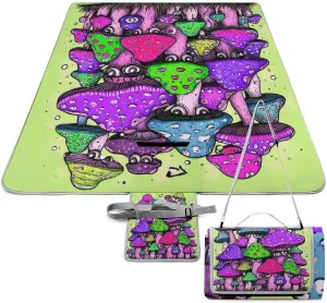 Outdoor Foldable Colorful Mushrooms Art Mat for Women Men Unisex, Waterproof Sand Beach Blanket for Camping Picnic Travel Park