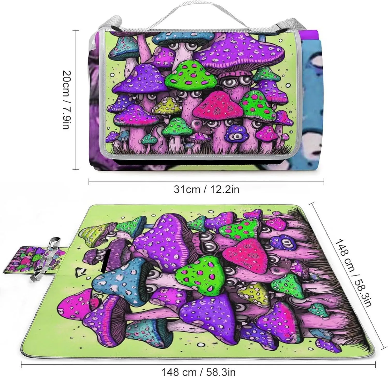 Outdoor Foldable Colorful Mushrooms Art Mat for Women Men Unisex, Waterproof Sand Beach Blanket for Camping Picnic Travel Park