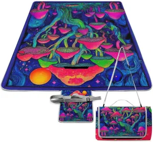 Outdoor Foldable Mat with Strap, Waterproof Trippy Mushrooms Magic World Art Blanket for Beach Camping Park Travel Grass Accessories
