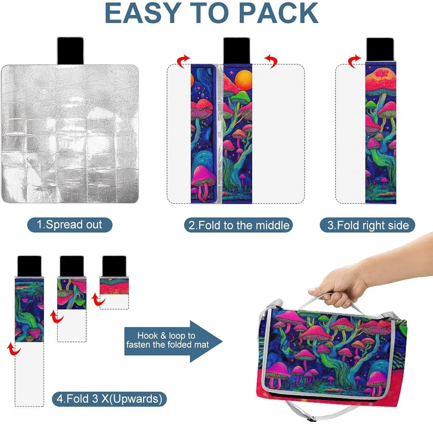 Outdoor Foldable Mat with Strap, Waterproof Trippy Mushrooms Magic World Art Blanket for Beach Camping Park Travel Grass Accessories