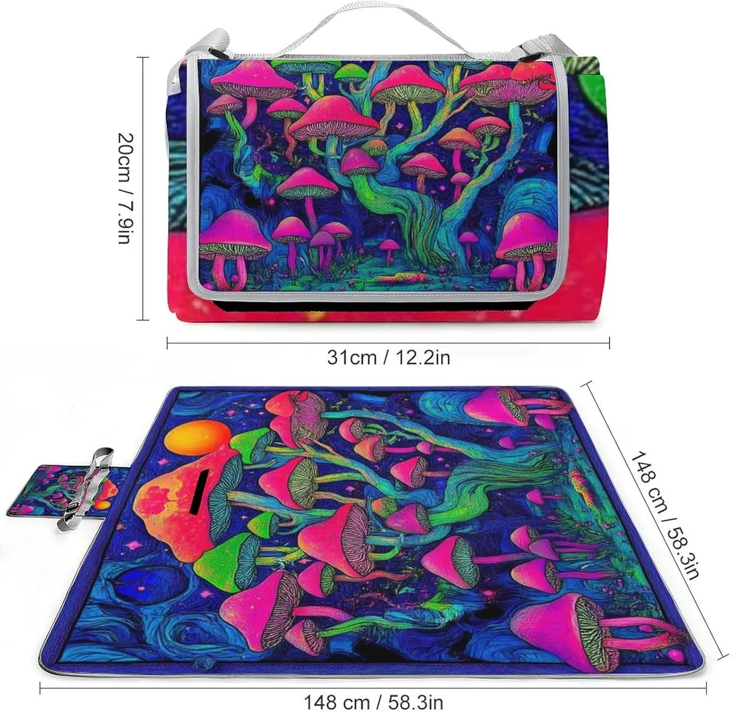 Outdoor Foldable Mat with Strap, Waterproof Trippy Mushrooms Magic World Art Blanket for Beach Camping Park Travel Grass Accessories
