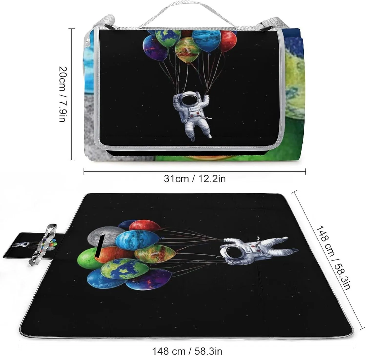Outdoor Foldable Mat with Strap, Waterproof Trippy Space Astronaut Planet Art Blanket for Beach Camping Park Travel Grass Accessories