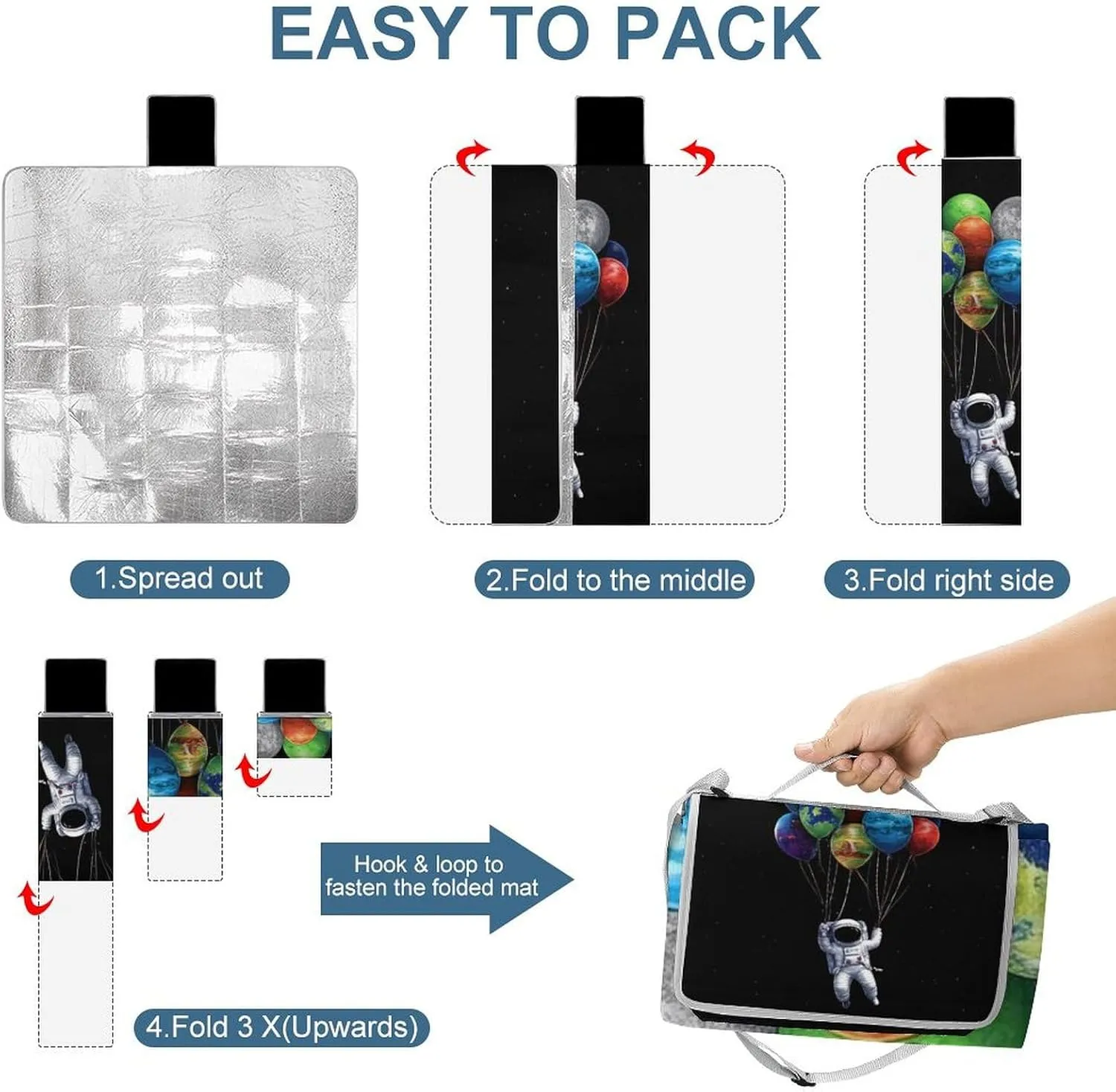 Outdoor Foldable Mat with Strap, Waterproof Trippy Space Astronaut Planet Art Blanket for Beach Camping Park Travel Grass Accessories