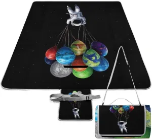 Outdoor Foldable Mat with Strap, Waterproof Trippy Space Astronaut Planet Art Blanket for Beach Camping Park Travel Grass Accessories