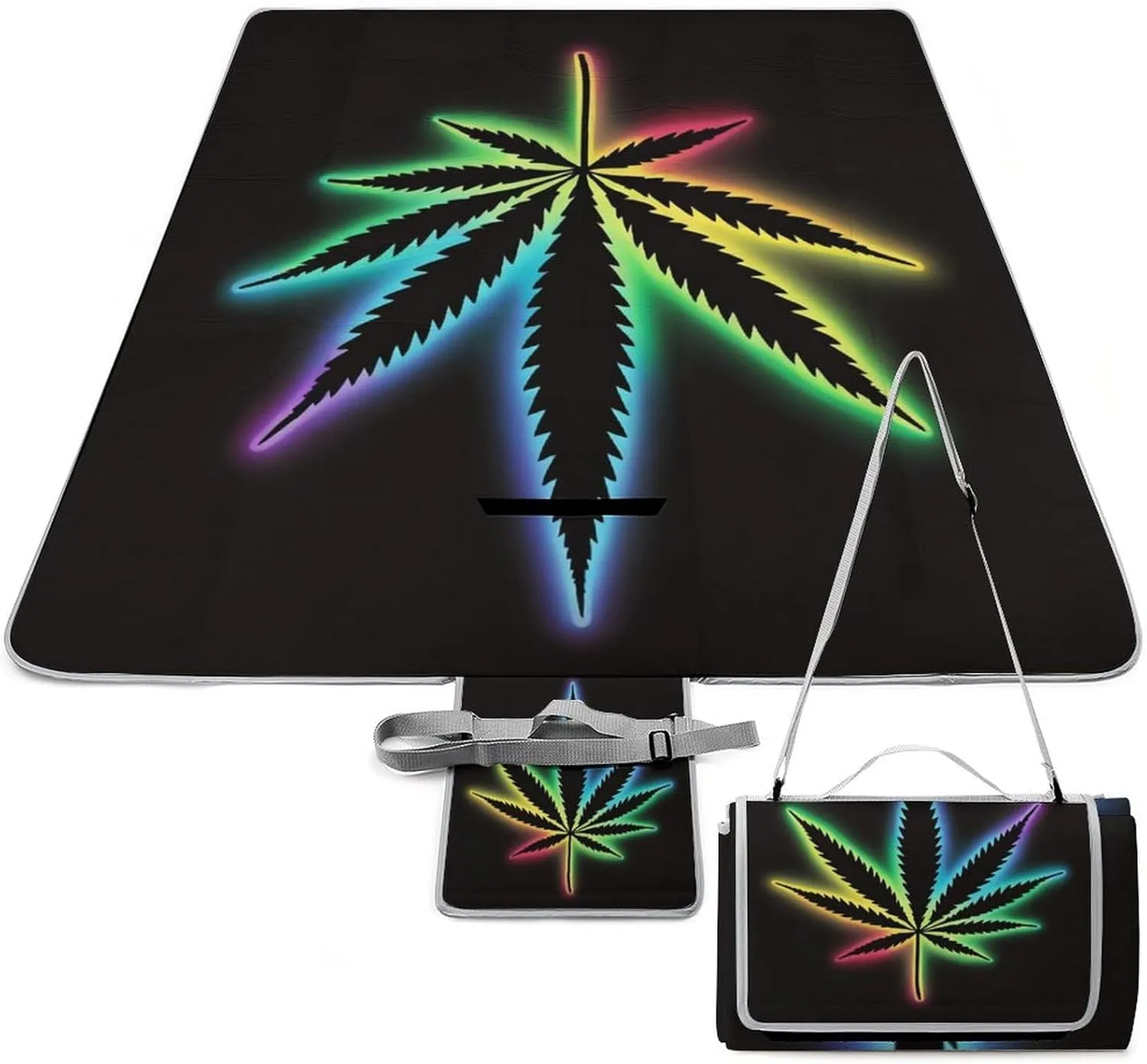 Outdoor Foldable Mat with Strap, Waterproof Trippy Weed Leaf Black Blanket for Beach Camping Park Travel Grass Accessories
