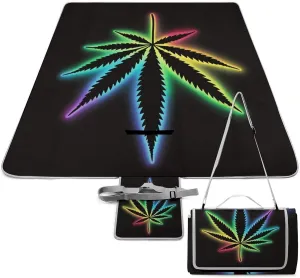 Outdoor Foldable Mat with Strap, Waterproof Trippy Weed Leaf Black Blanket for Beach Camping Park Travel Grass Accessories