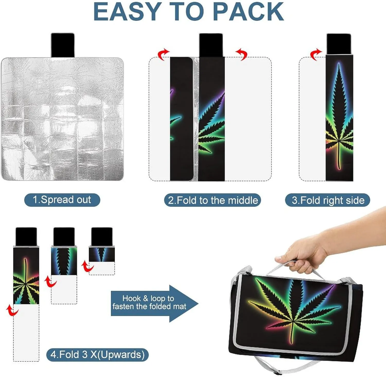 Outdoor Foldable Mat with Strap, Waterproof Trippy Weed Leaf Black Blanket for Beach Camping Park Travel Grass Accessories