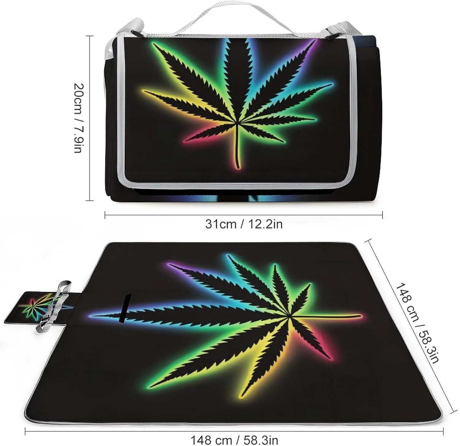 Outdoor Foldable Mat with Strap, Waterproof Trippy Weed Leaf Black Blanket for Beach Camping Park Travel Grass Accessories