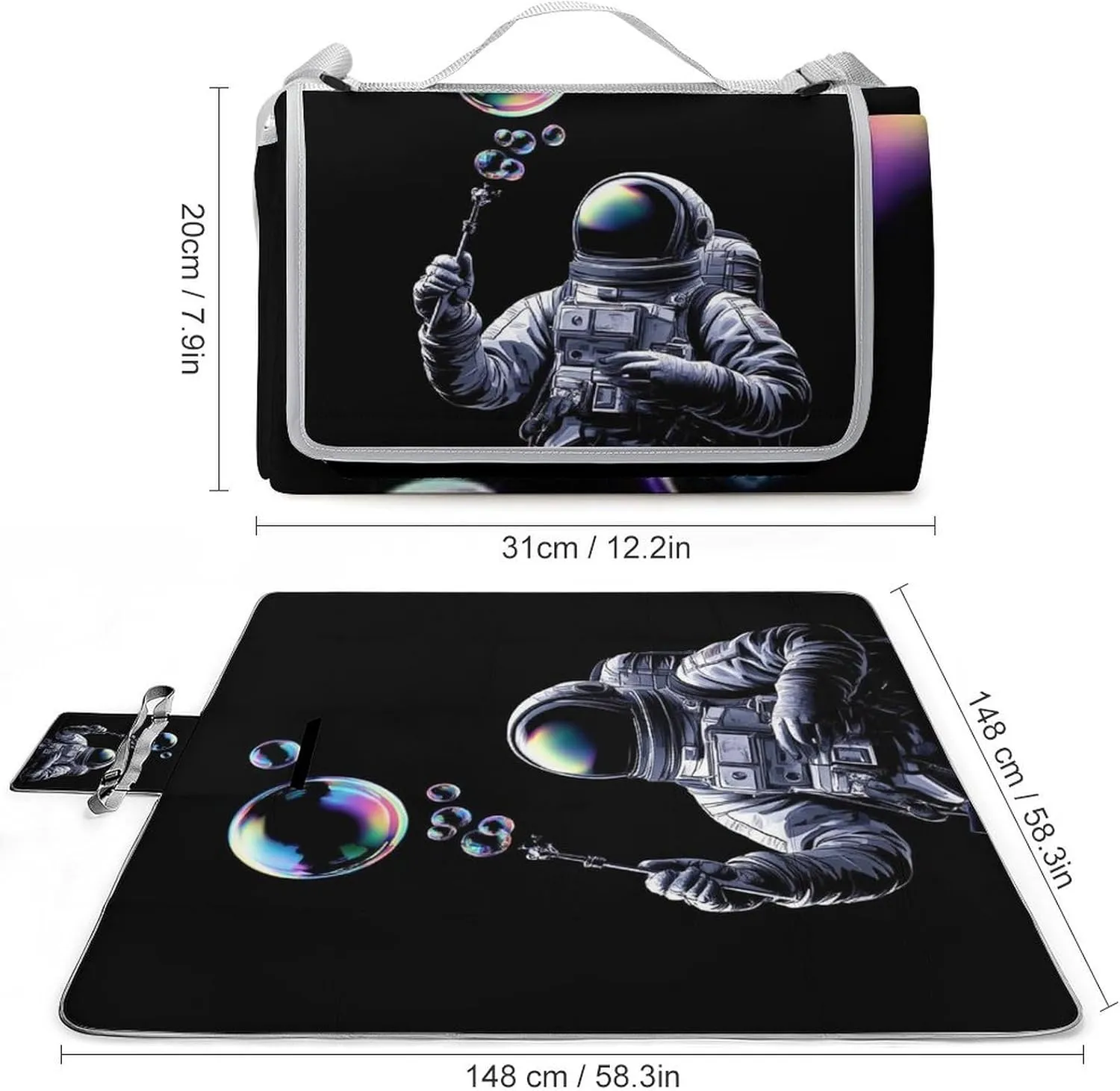 Outdoor Foldable Picnic Mat for Women and Men, Sturdy and Durable Trippy Space Bubble Astronaut Art Blanket for Park Travel Beach Camping