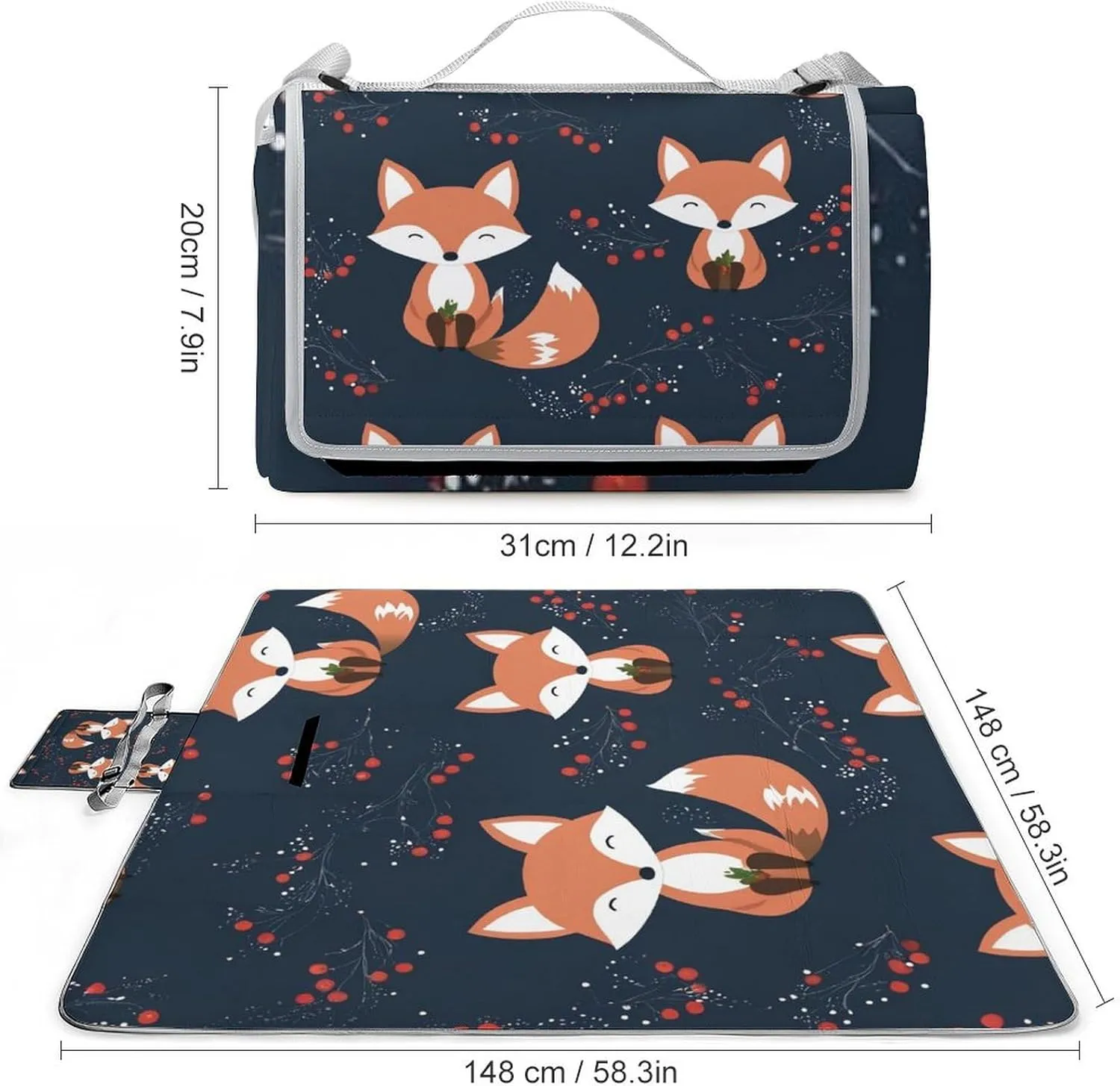 Outdoor Foldable Waterproof Mat for Unisex, Portable Cute Fox Art Picnic Blanket, Soft Blankets for Park Travel Grass Beach Camping