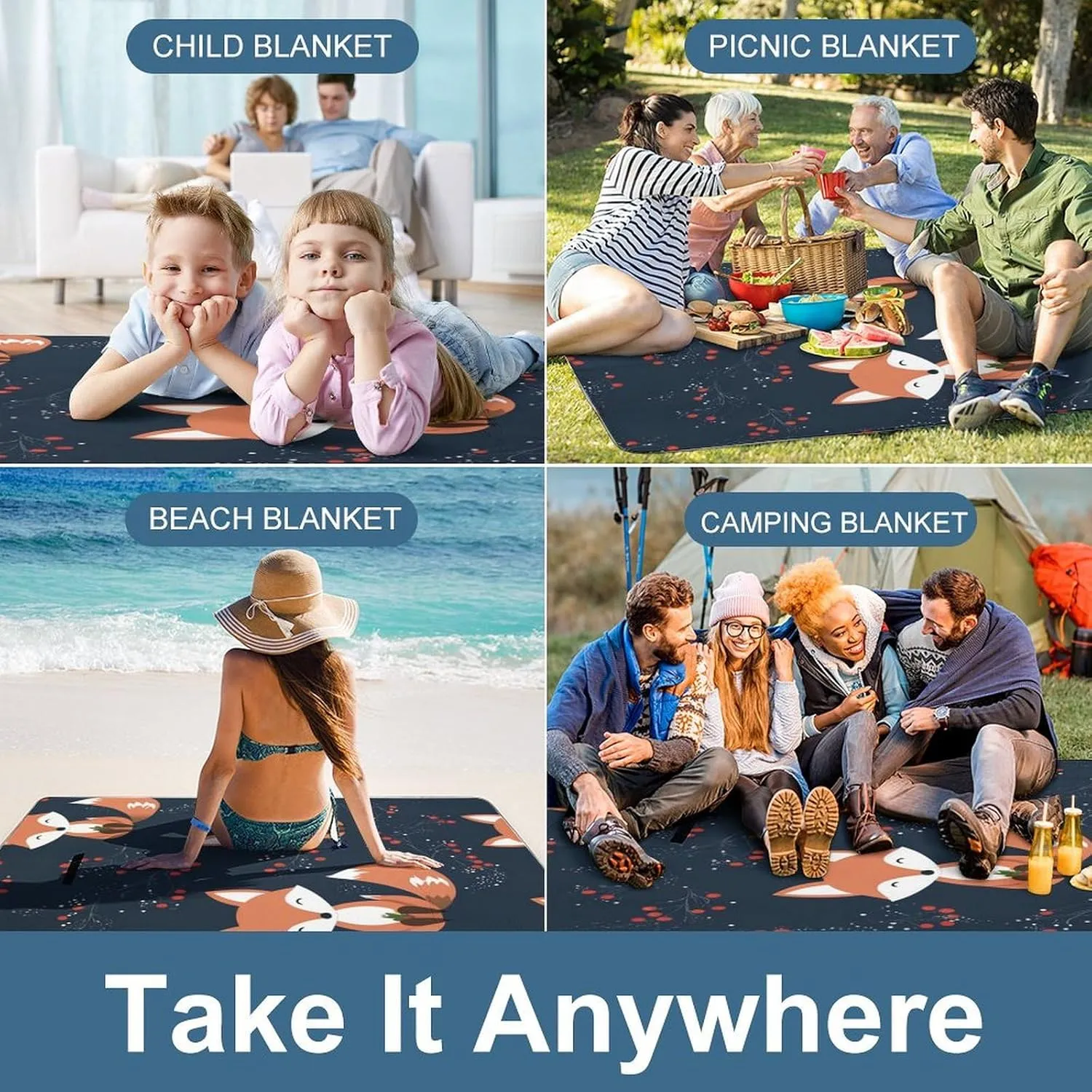 Outdoor Foldable Waterproof Mat for Unisex, Portable Cute Fox Art Picnic Blanket, Soft Blankets for Park Travel Grass Beach Camping