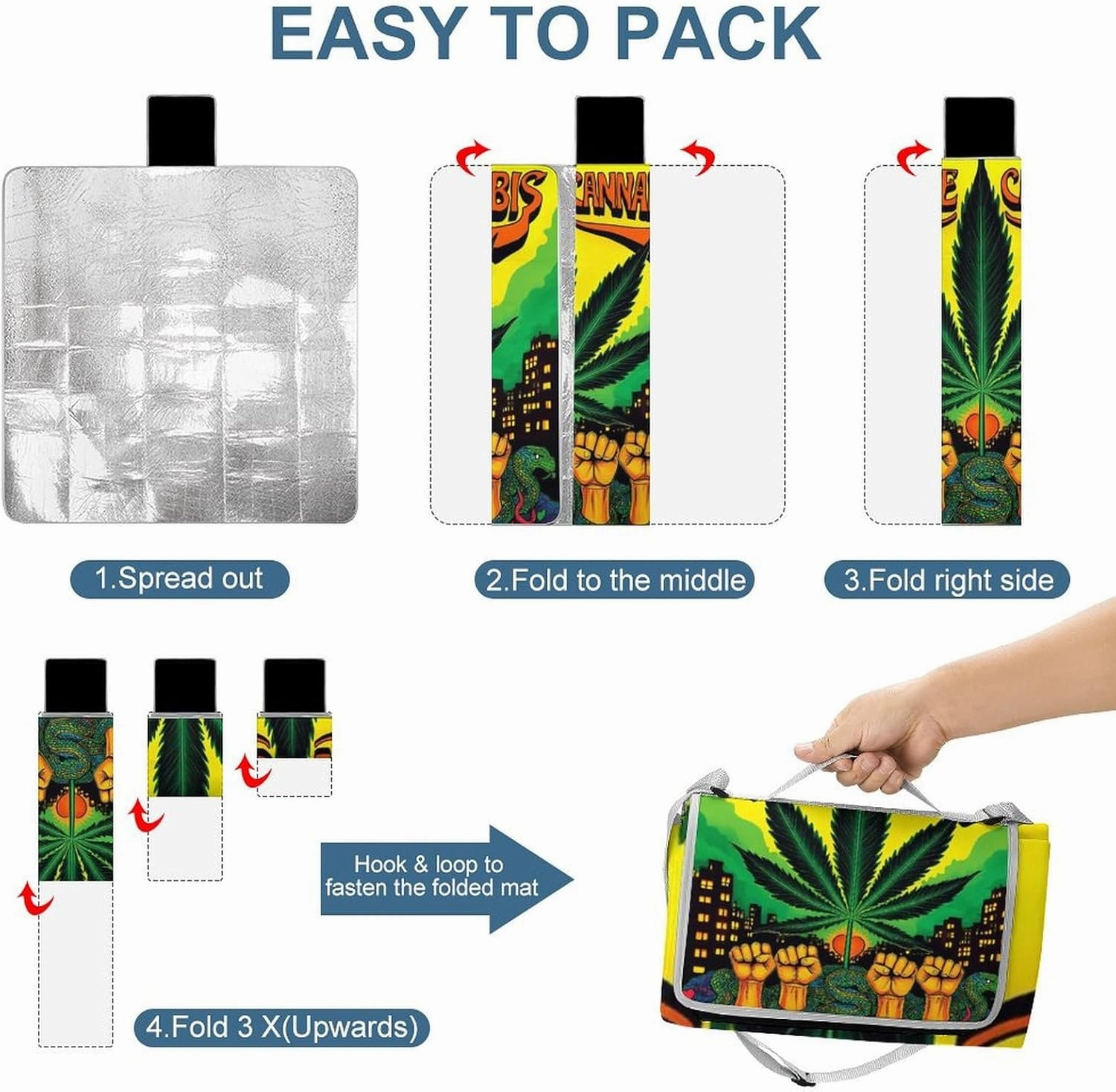 Outdoor Foldable Mat with Strap, Waterproof Trippy Weed Leaf Art Blanket for Beach Camping Park Travel Grass Accessories