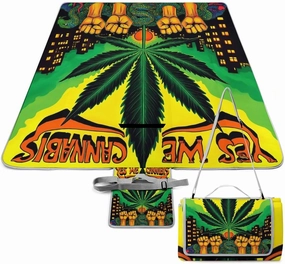 Outdoor Foldable Mat with Strap, Waterproof Trippy Weed Leaf Art Blanket for Beach Camping Park Travel Grass Accessories