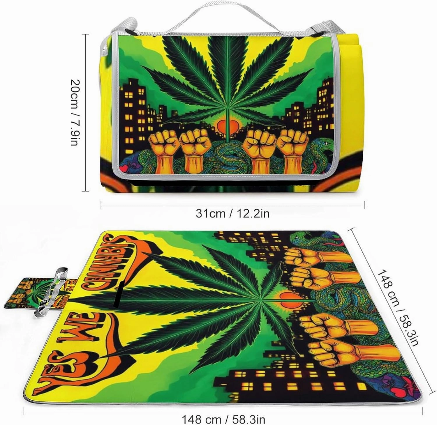 Outdoor Foldable Mat with Strap, Waterproof Trippy Weed Leaf Art Blanket for Beach Camping Park Travel Grass Accessories