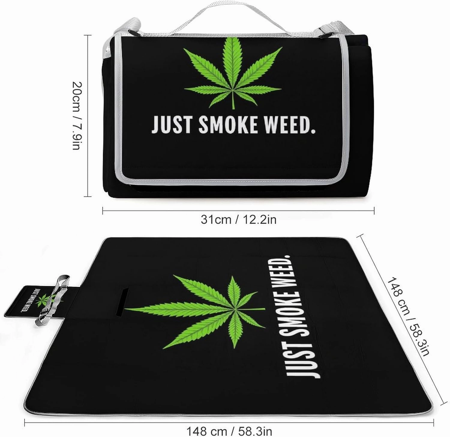 Outdoor Foldable Picnic Mat for Women and Men, Sturdy and Durable Just Smoke Green Weed Leaf Leaves Black Blanket for Park Travel Beach Camping