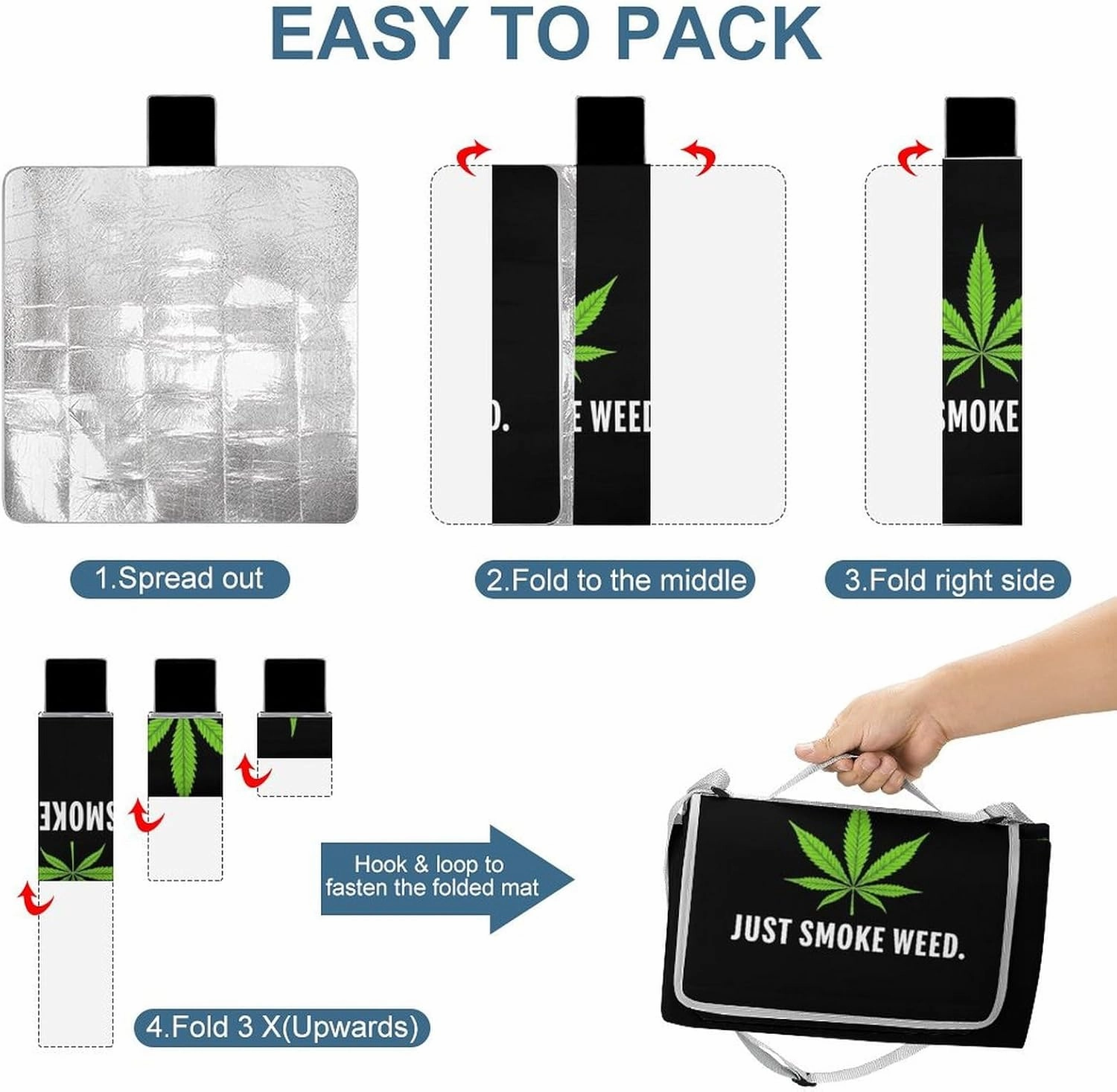 Outdoor Foldable Picnic Mat for Women and Men, Sturdy and Durable Just Smoke Green Weed Leaf Leaves Black Blanket for Park Travel Beach Camping
