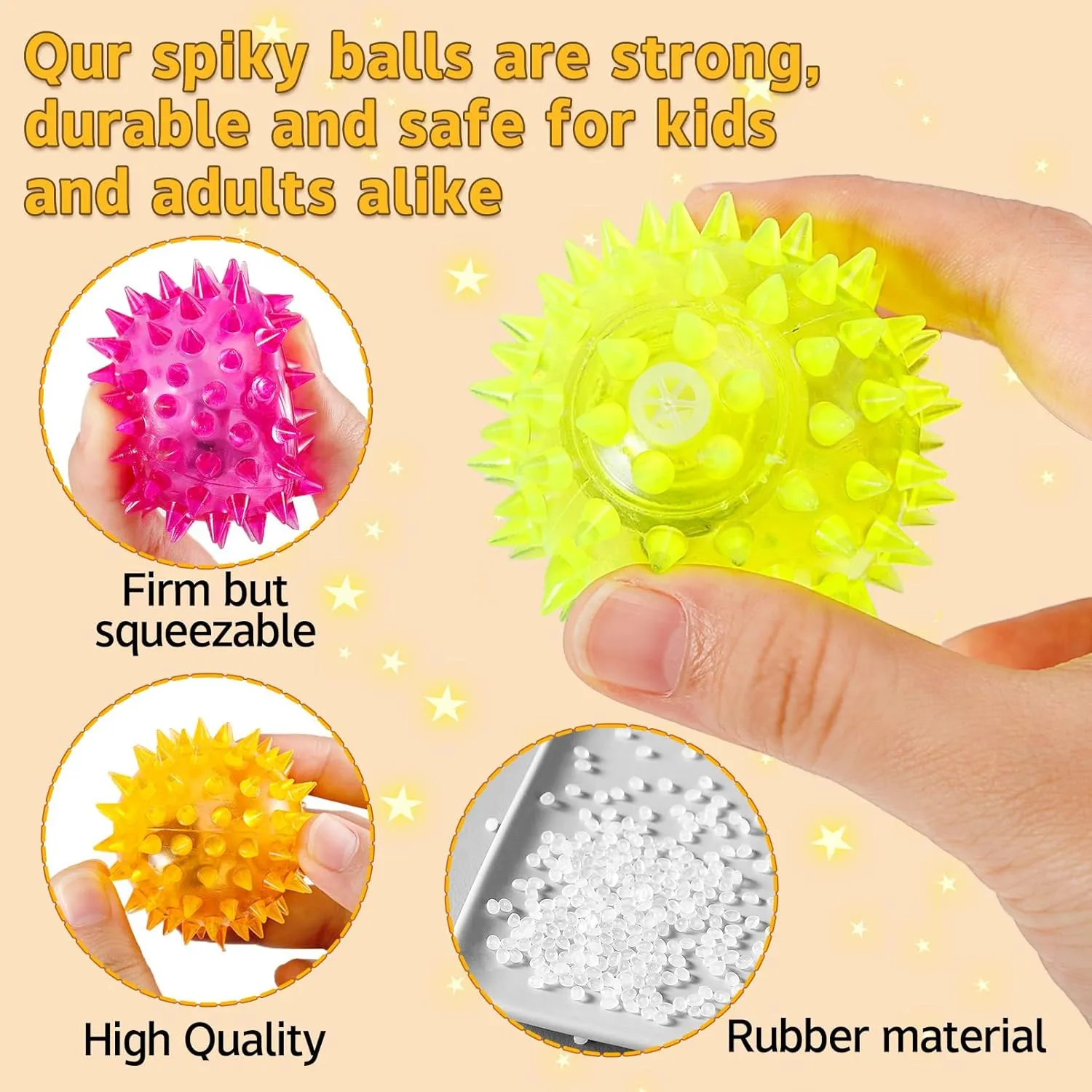 Pack 24 Light Up Spiky Rubber Balls, 2.16 Inch, Flashing, Glow In The Dark Sensory Stress Balls For Party Favors & Stress Relief