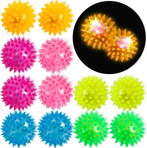 Pack 24 Light Up Spiky Rubber Balls, 2.16 Inch, Flashing, Glow In The Dark Sensory Stress Balls For Party Favors & Stress Relief