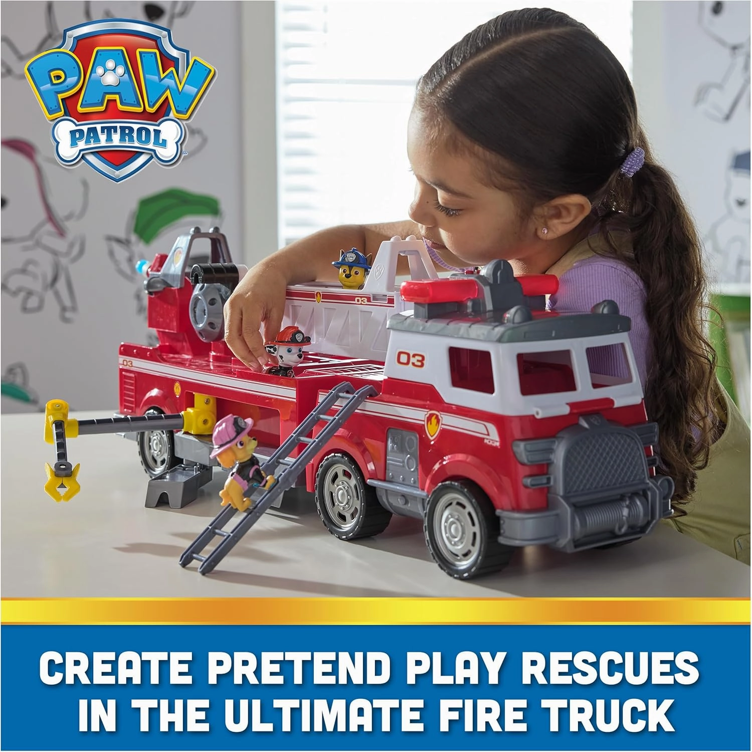 PAW Patrol Ultimate Rescue Fire Truck with 2 Ft. Ladder, Lights, Sounds, a Mini Toy Car, Chase, Marshall & Skye Figures, Toys for Boys & Girls Ages 3 