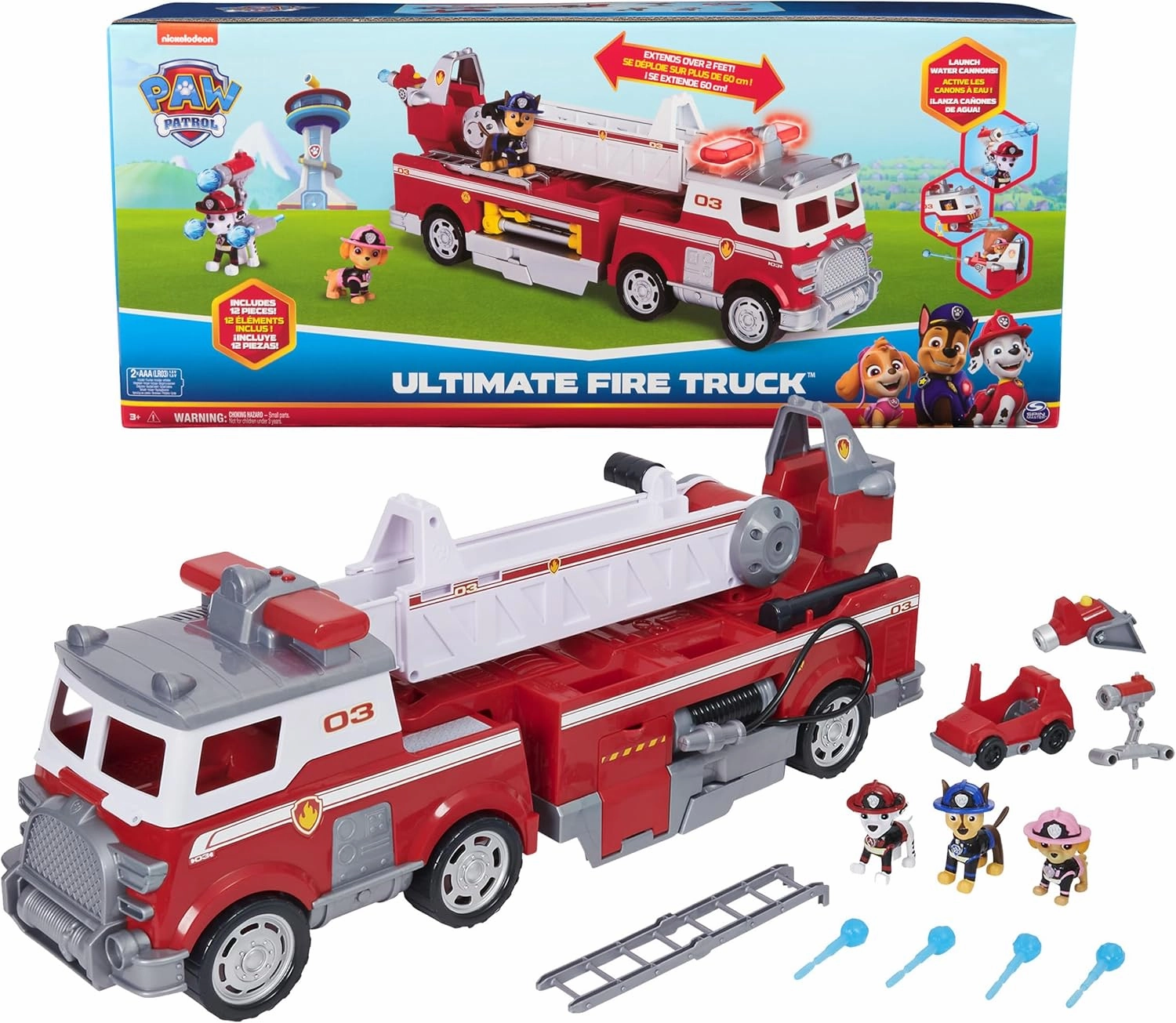 PAW Patrol Ultimate Rescue Fire Truck with 2 Ft. Ladder, Lights, Sounds, a Mini Toy Car, Chase, Marshall & Skye Figures, Toys for Boys & Girls Ages 3 