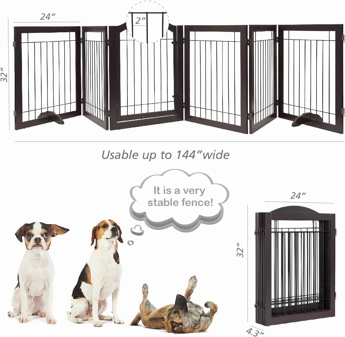 PAWLAND 144-inch Extra Wide 30-inches Tall Dog gate with Door Walk Through, Freestanding Wire Pet Gate for The House, Doorway, Stairs, Pet Puppy Safety Fence, Support Feet Included, Espresso,6 Panels