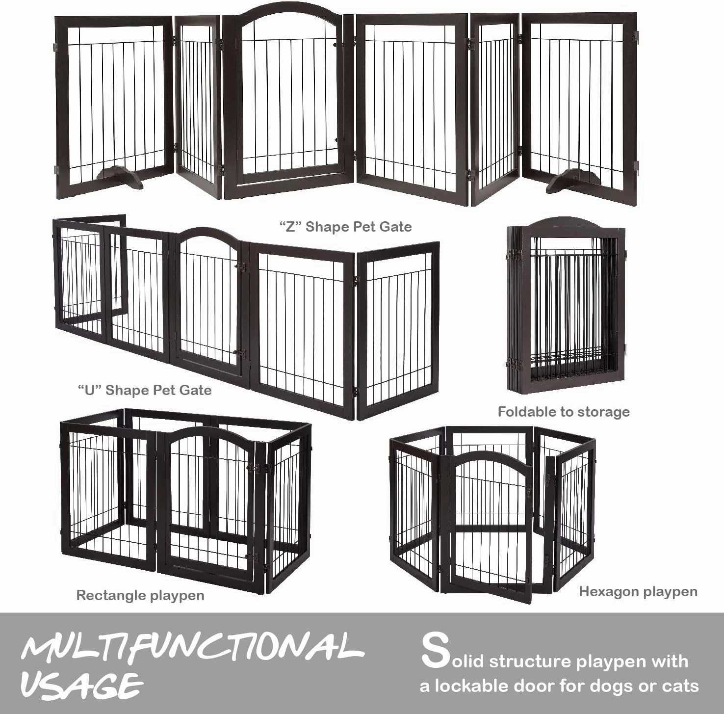 PAWLAND 144-inch Extra Wide 30-inches Tall Dog gate with Door Walk Through, Freestanding Wire Pet Gate for The House, Doorway, Stairs, Pet Puppy Safety Fence, Support Feet Included, Espresso,6 Panels