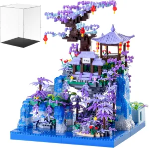 Peach Blossom Pond Building Blocks Set,Building Blocks Set Gifts for Adults and Kids, Micro Bricks Cherry Blossom Tree House Kit with LED Light and Display Box（2500 Pieces）