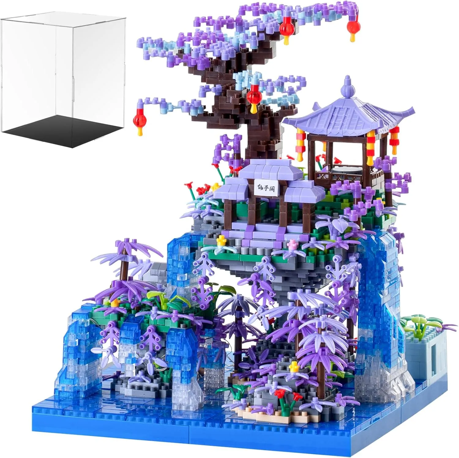 Peach Blossom Pond Building Blocks Set,Building Blocks Set Gifts for Adults and Kids, Micro Bricks Cherry Blossom Tree House Kit with LED Light and Display Box（2500 Pieces）