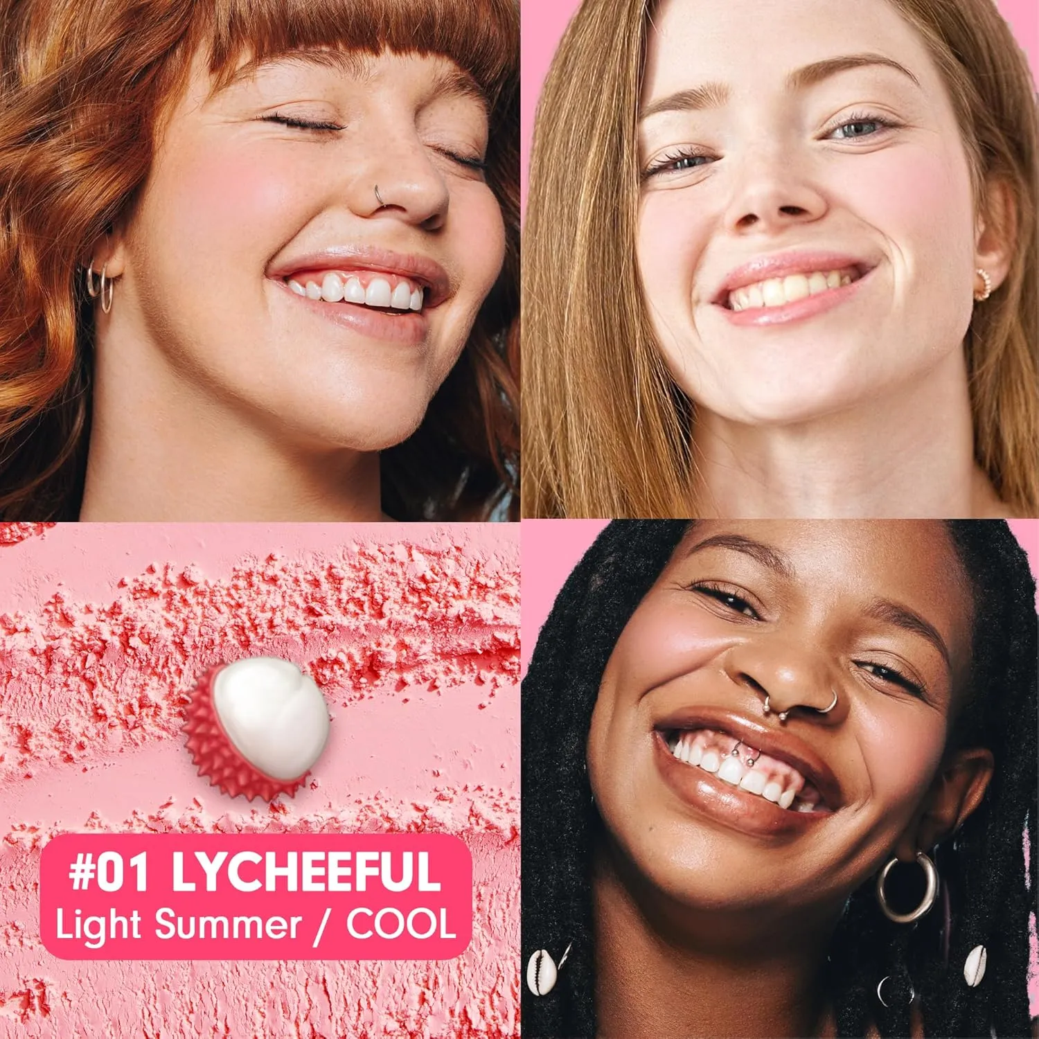 PEACH C Cheerful Blusher | Pure Pink Blush for Cheeks | Korean Makeup Creamy Powder | Fine Pigmented Compact Make Up | 0.14 Oz. (01 Lycheeful)