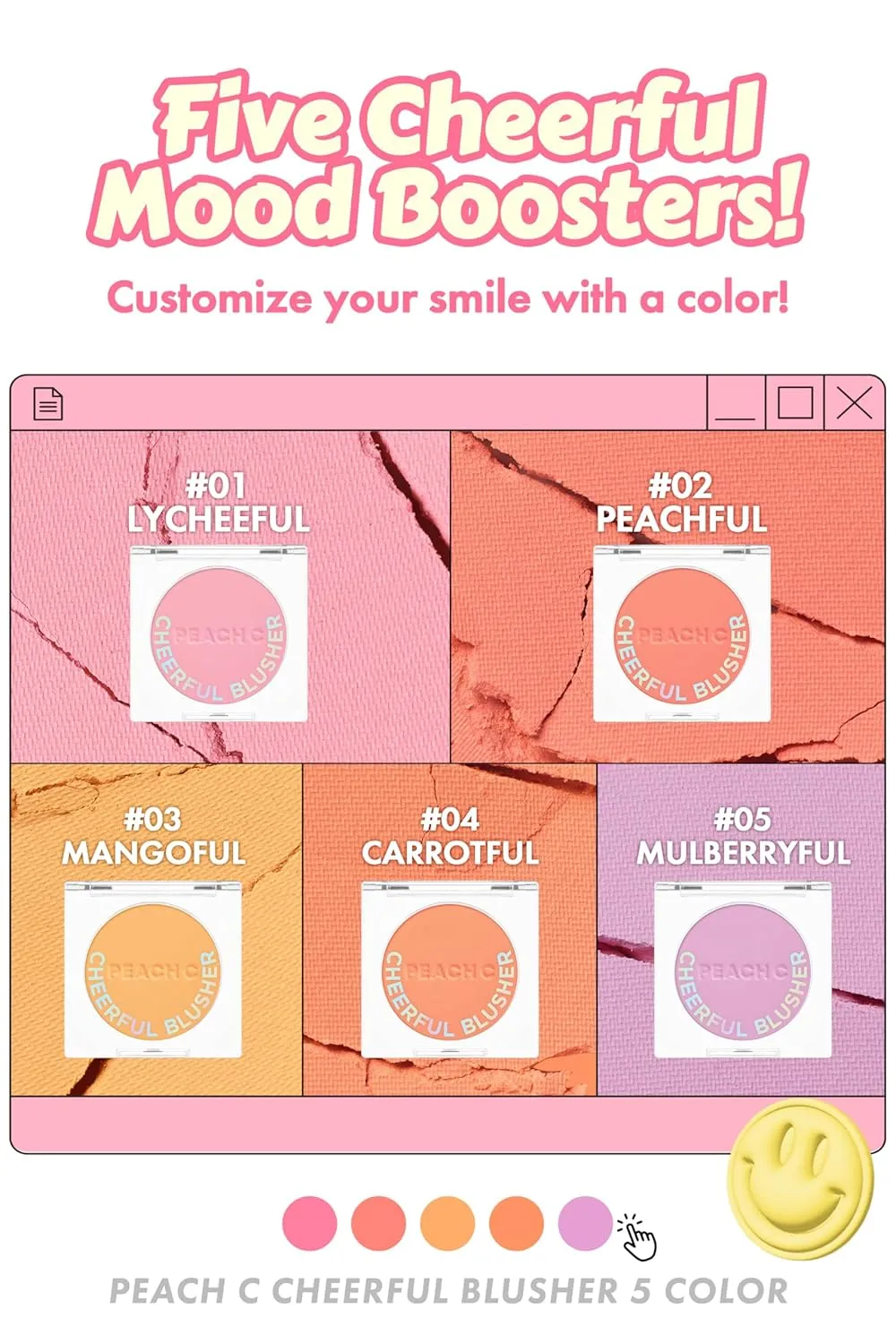 PEACH C Cheerful Blusher | Pure Pink Blush for Cheeks | Korean Makeup Creamy Powder | Fine Pigmented Compact Make Up | 0.14 Oz. (01 Lycheeful)
