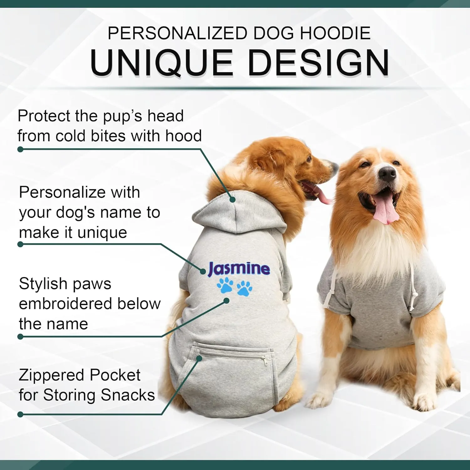 Personalized Passion Dog Hoodie with Embroidered Name and Paws - Stylish Custom Hooded Dog Sweatshirt - Grey Pet Hoodies Winter Pullover with Pockets - Small