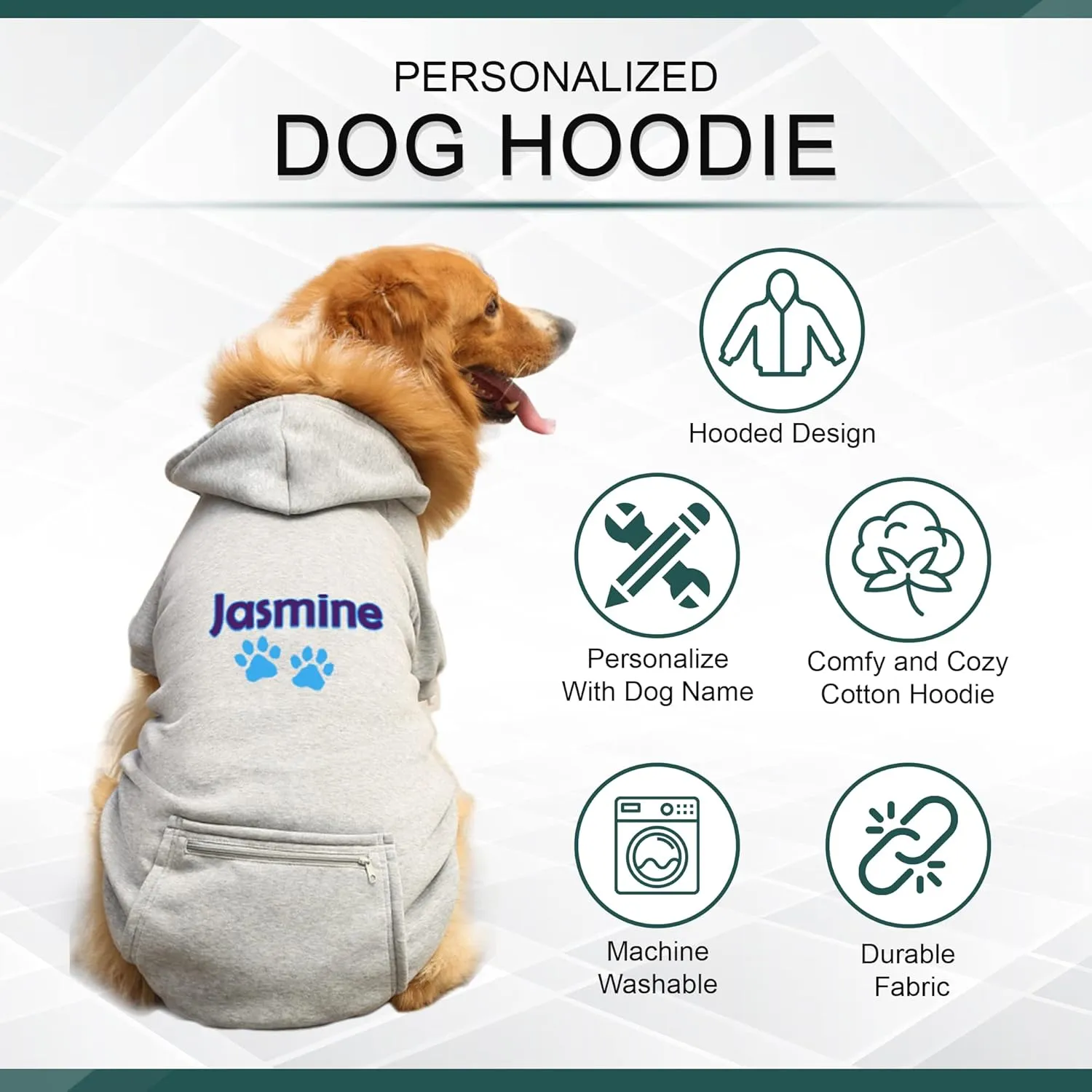 Personalized Passion Dog Hoodie with Embroidered Name and Paws - Stylish Custom Hooded Dog Sweatshirt - Grey Pet Hoodies Winter Pullover with Pockets - Small