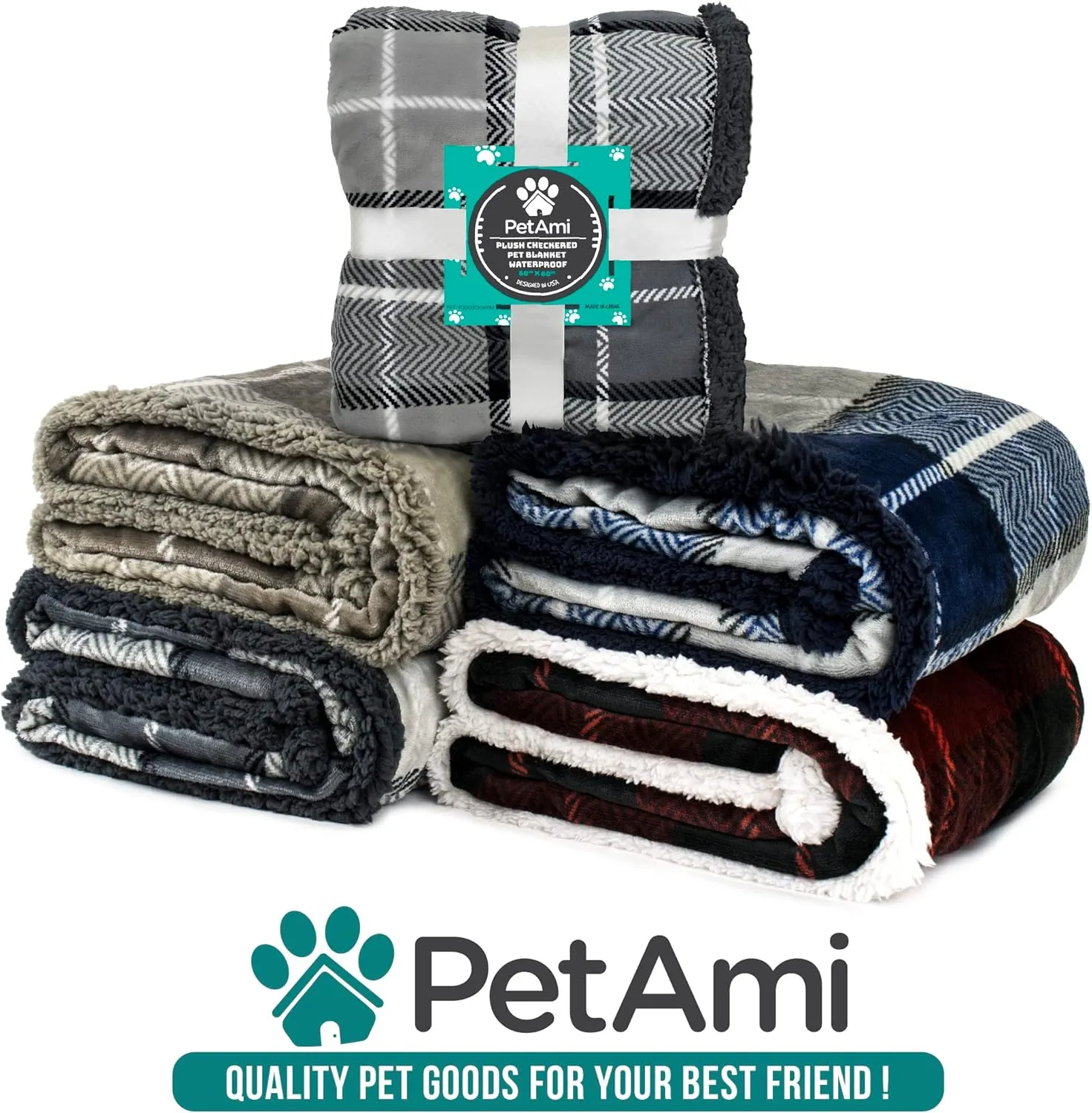 PetAmi Waterproof Dog Blanket for Medium Large XL Dog Puppy Cat Throw for Couch Cover Leakproof Protection, Sherpa Fleece, Reversible Soft Washable 80x60 Plaid Taupe