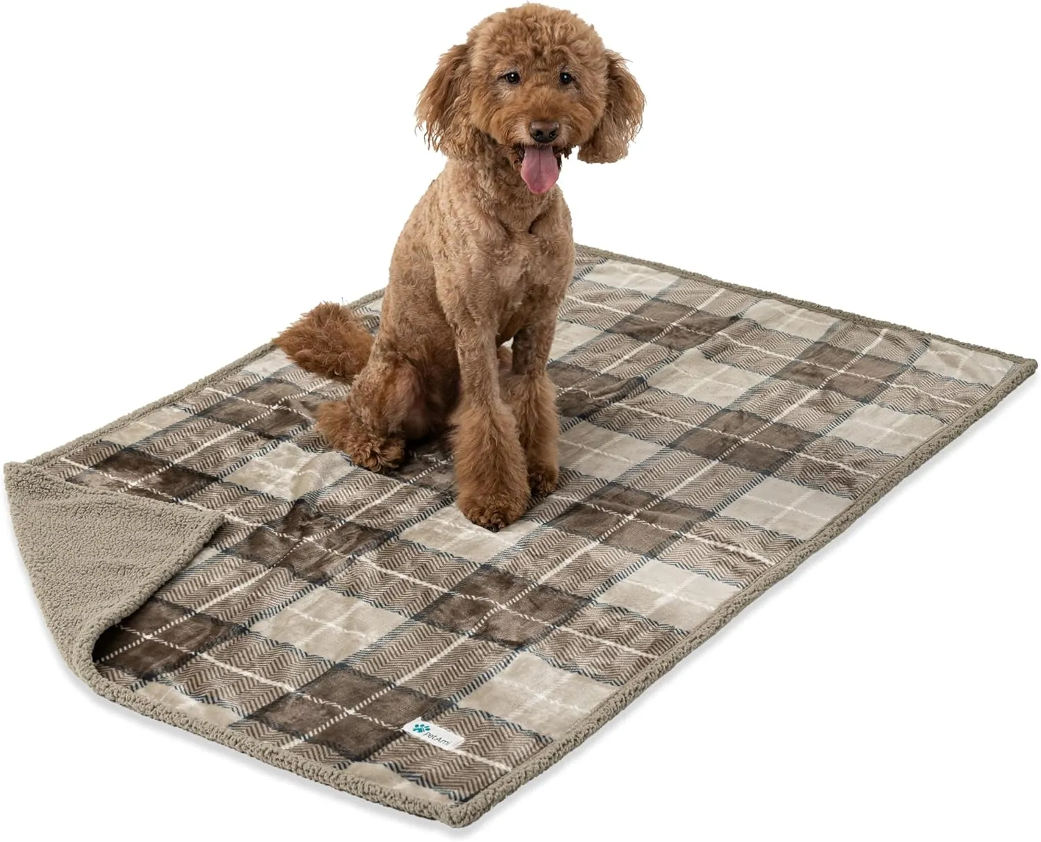 PetAmi Waterproof Dog Blanket for Medium Large XL Dog Puppy Cat Throw for Couch Cover Leakproof Protection, Sherpa Fleece, Reversible Soft Washable 80x60 Plaid Taupe