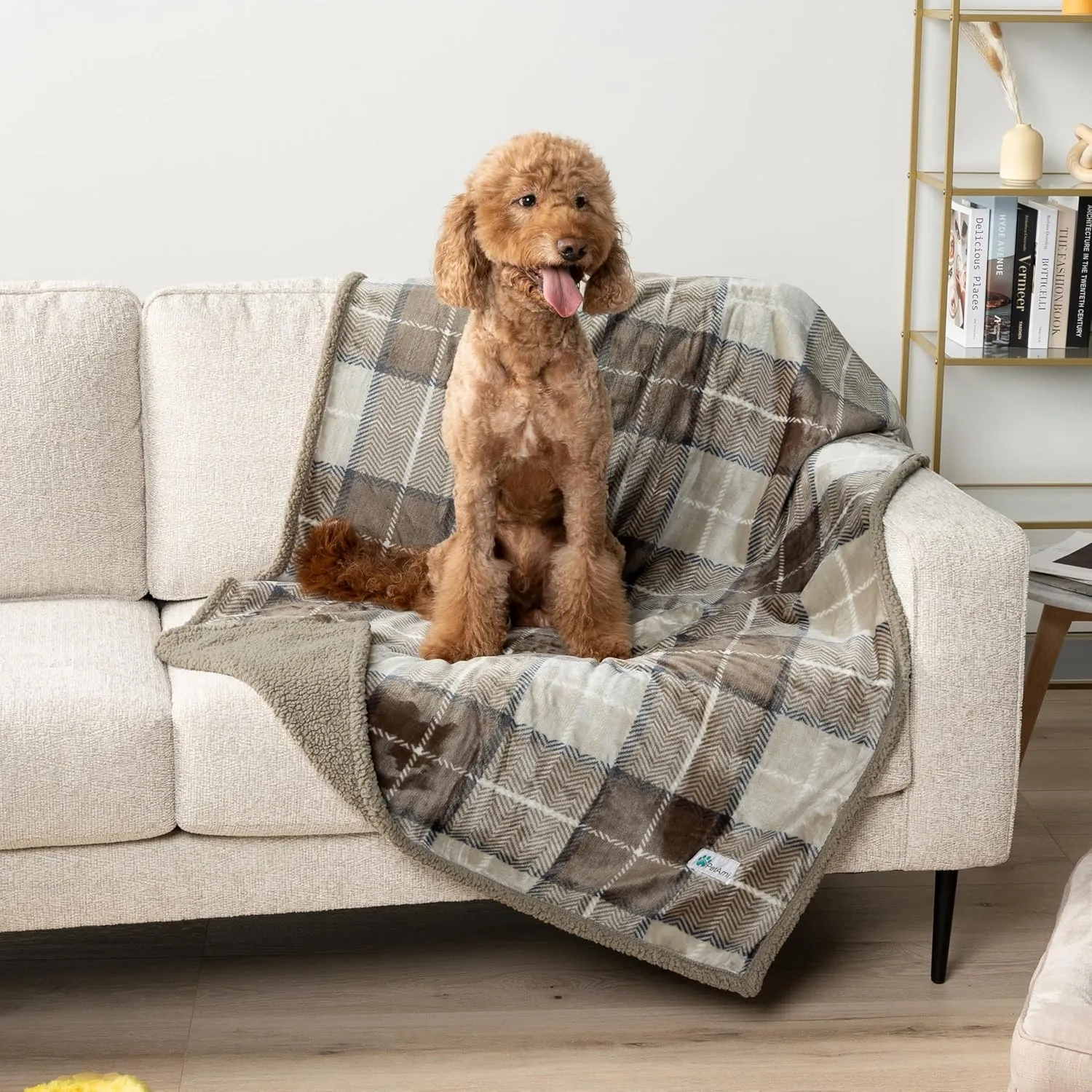 PetAmi Waterproof Dog Blanket for Medium Large XL Dog Puppy Cat Throw for Couch Cover Leakproof Protection, Sherpa Fleece, Reversible Soft Washable 80x60 Plaid Taupe