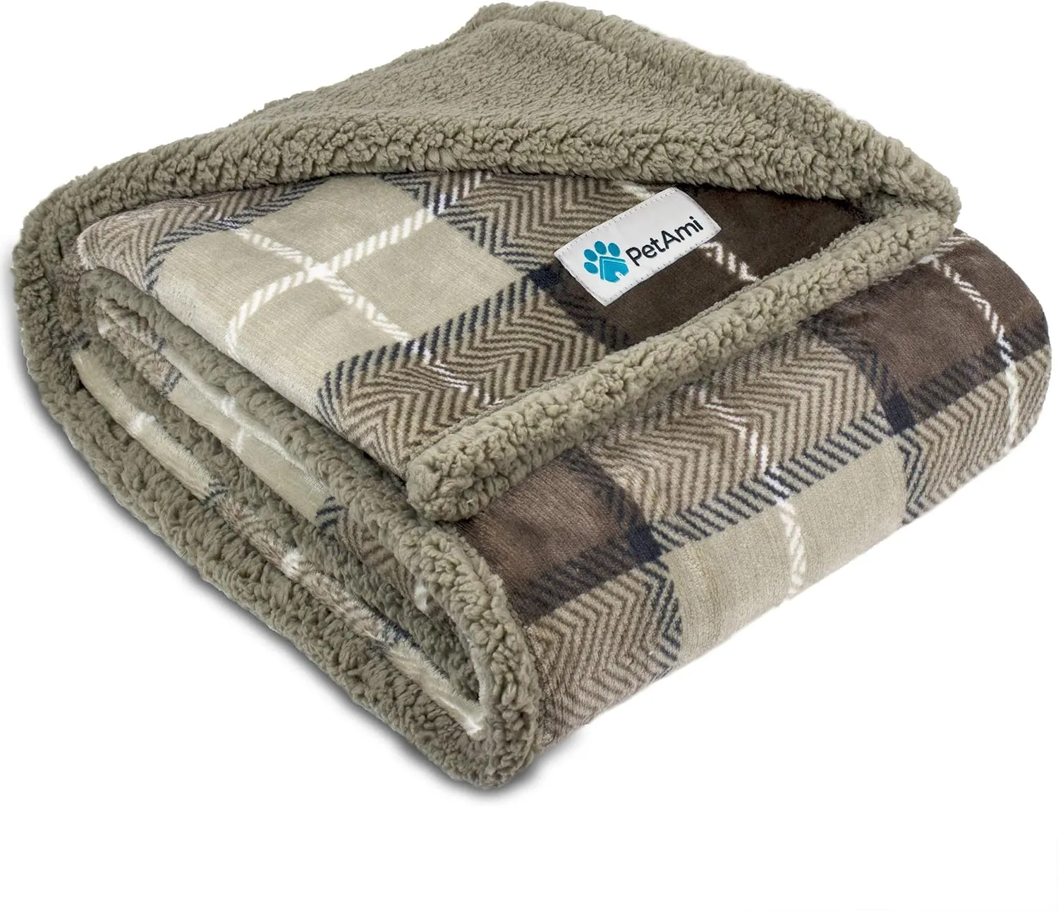 PetAmi Waterproof Dog Blanket for Medium Large XL Dog Puppy Cat Throw for Couch Cover Leakproof Protection, Sherpa Fleece, Reversible Soft Washable 80x60 Plaid Taupe