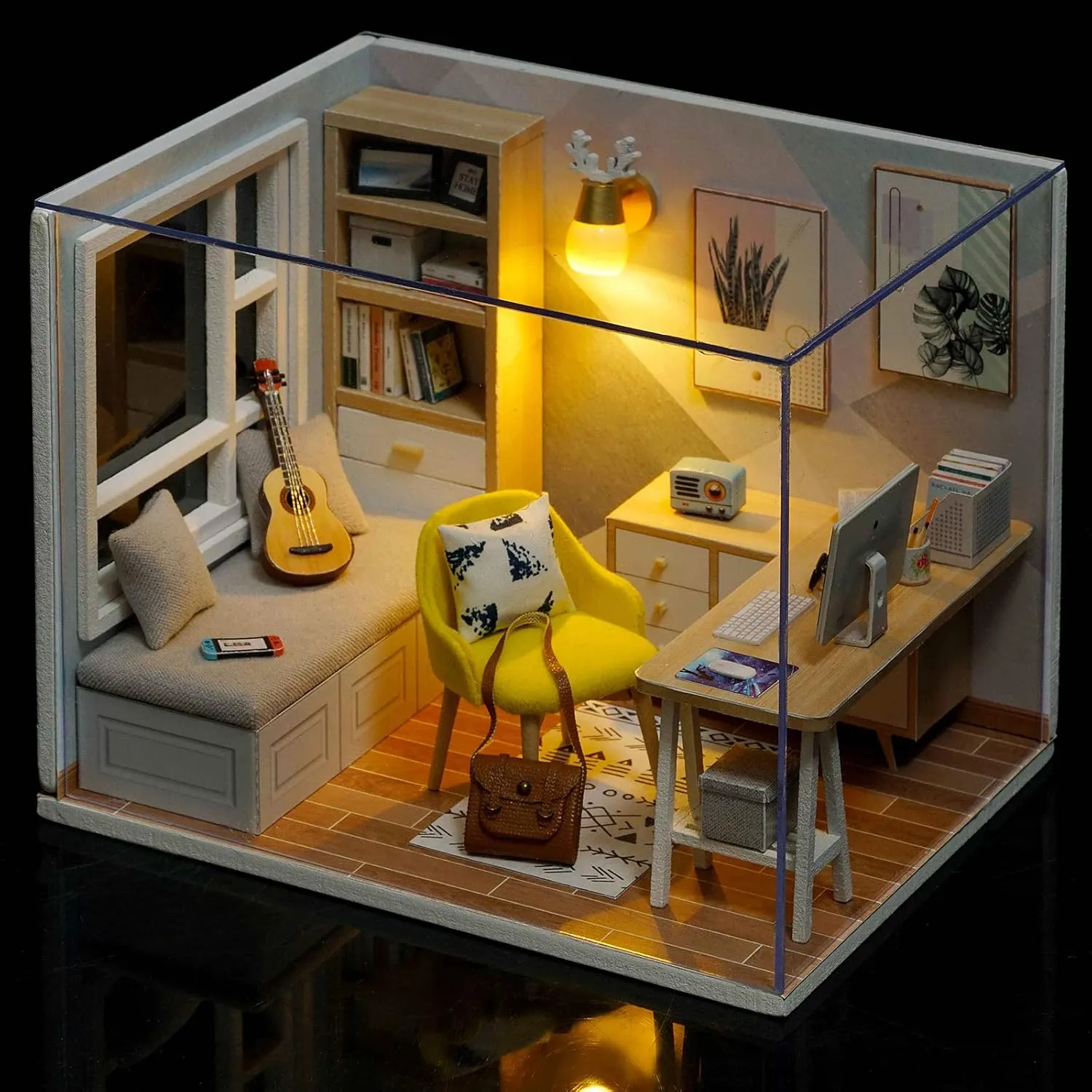 piberagi DIY Miniature Dollhouse Kit, 1:32 Scale Creative Room Mini Wooden Doll House with Furniture Plus Dust Proof for Kids Teens Adults(Study Room)