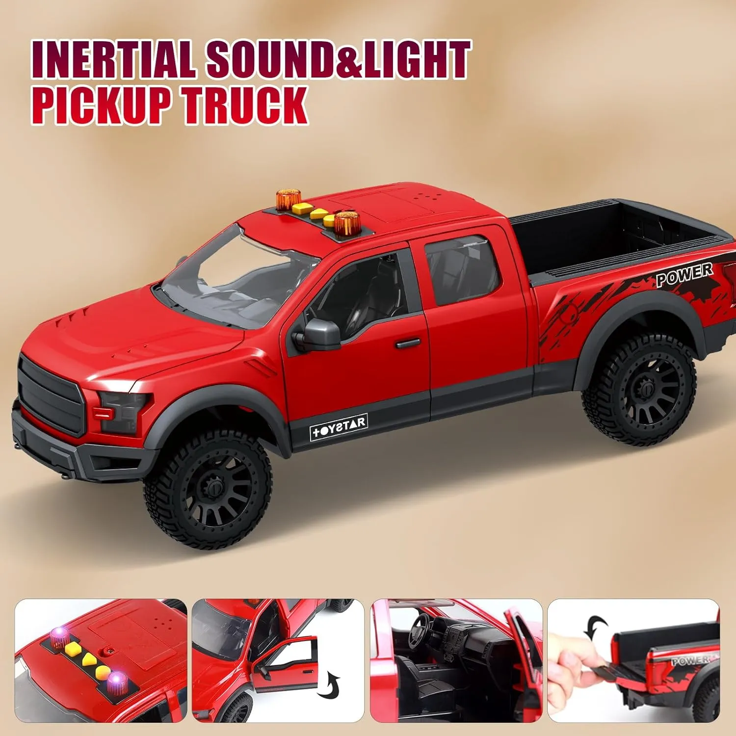 Pickup Toy Truck Toy with Sound and Light Pull - Fun Cars, Music, Toys for Kids, Ages 3 4 5 6 Year Old Boys (Red Pickup Truck)