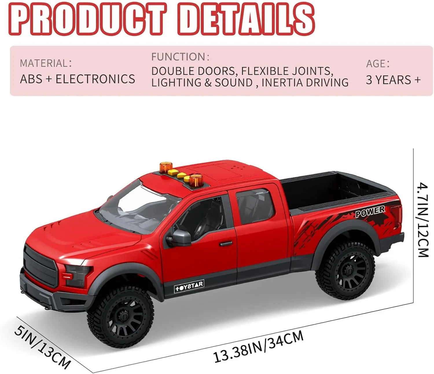 Pickup Toy Truck Toy with Sound and Light Pull - Fun Cars, Music, Toys for Kids, Ages 3 4 5 6 Year Old Boys (Red Pickup Truck)