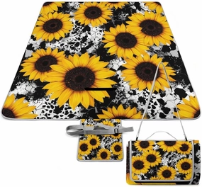 Picnic Outdoor Foldable 80s Vintage Cow Print Sunflowers Blanket, Waterproof Camping Mat for Beach, Grass Lawn, Park, Travel
