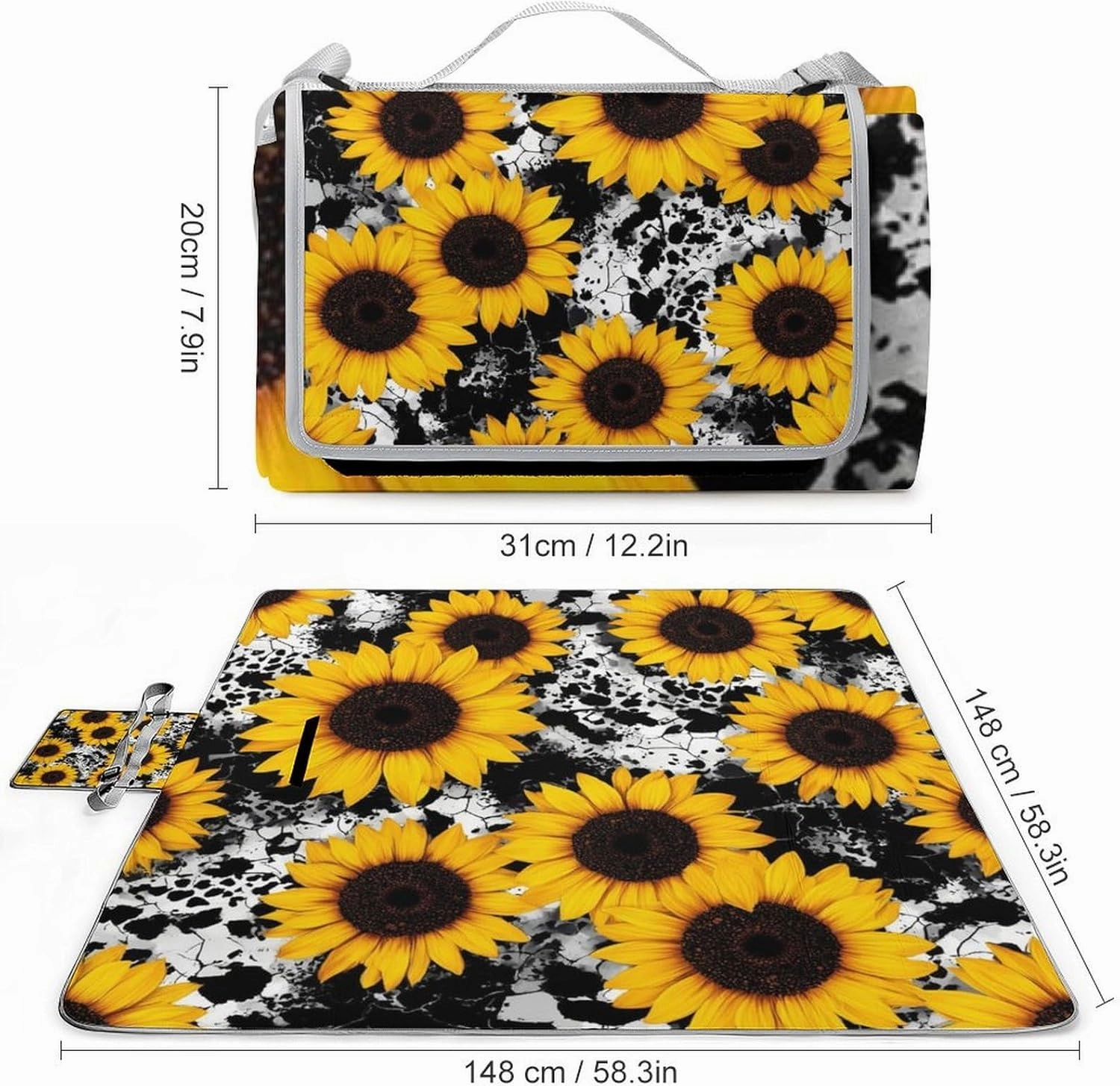Picnic Outdoor Foldable 80s Vintage Cow Print Sunflowers Blanket, Waterproof Camping Mat for Beach, Grass Lawn, Park, Travel
