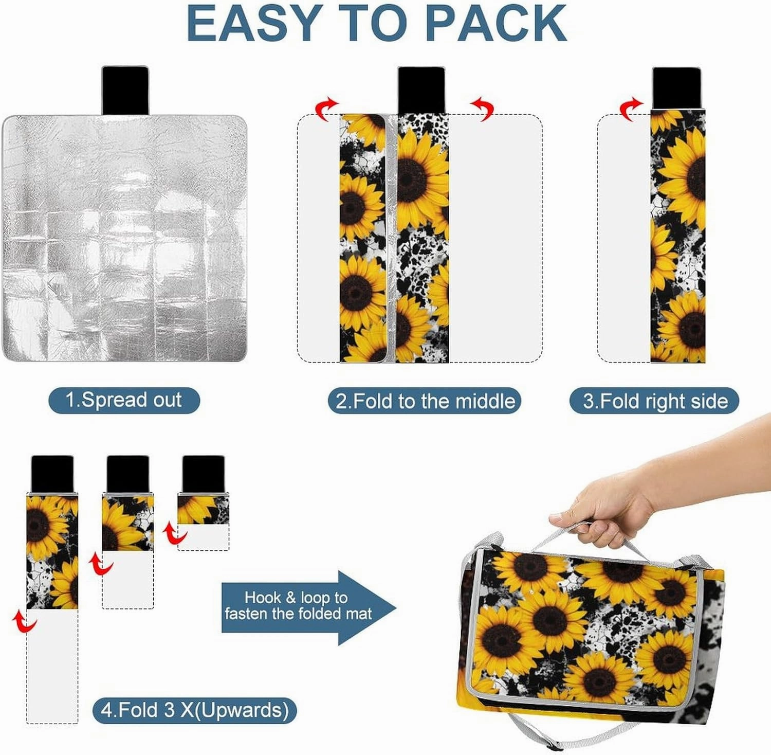 Picnic Outdoor Foldable 80s Vintage Cow Print Sunflowers Blanket, Waterproof Camping Mat for Beach, Grass Lawn, Park, Travel