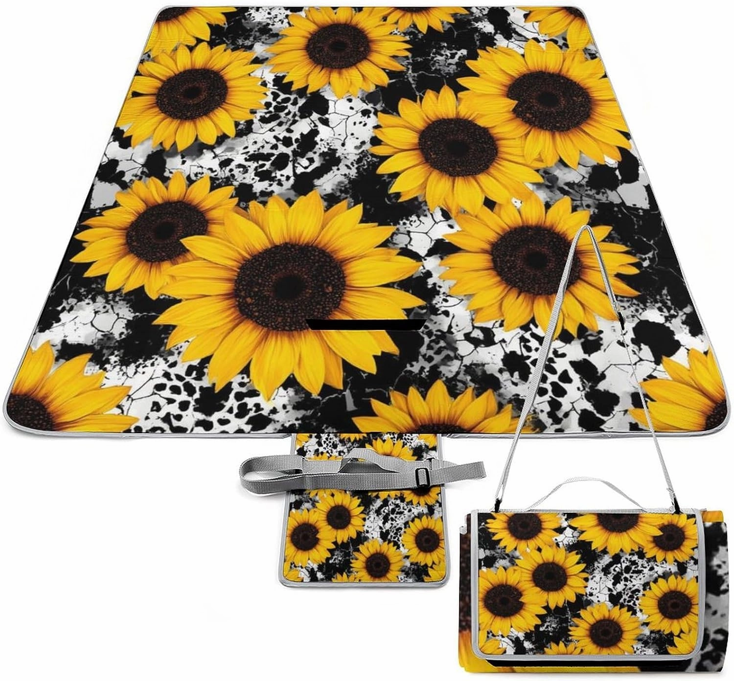 Picnic Outdoor Foldable 80s Vintage Cow Print Sunflowers Blanket, Waterproof Camping Mat for Beach, Grass Lawn, Park, Travel