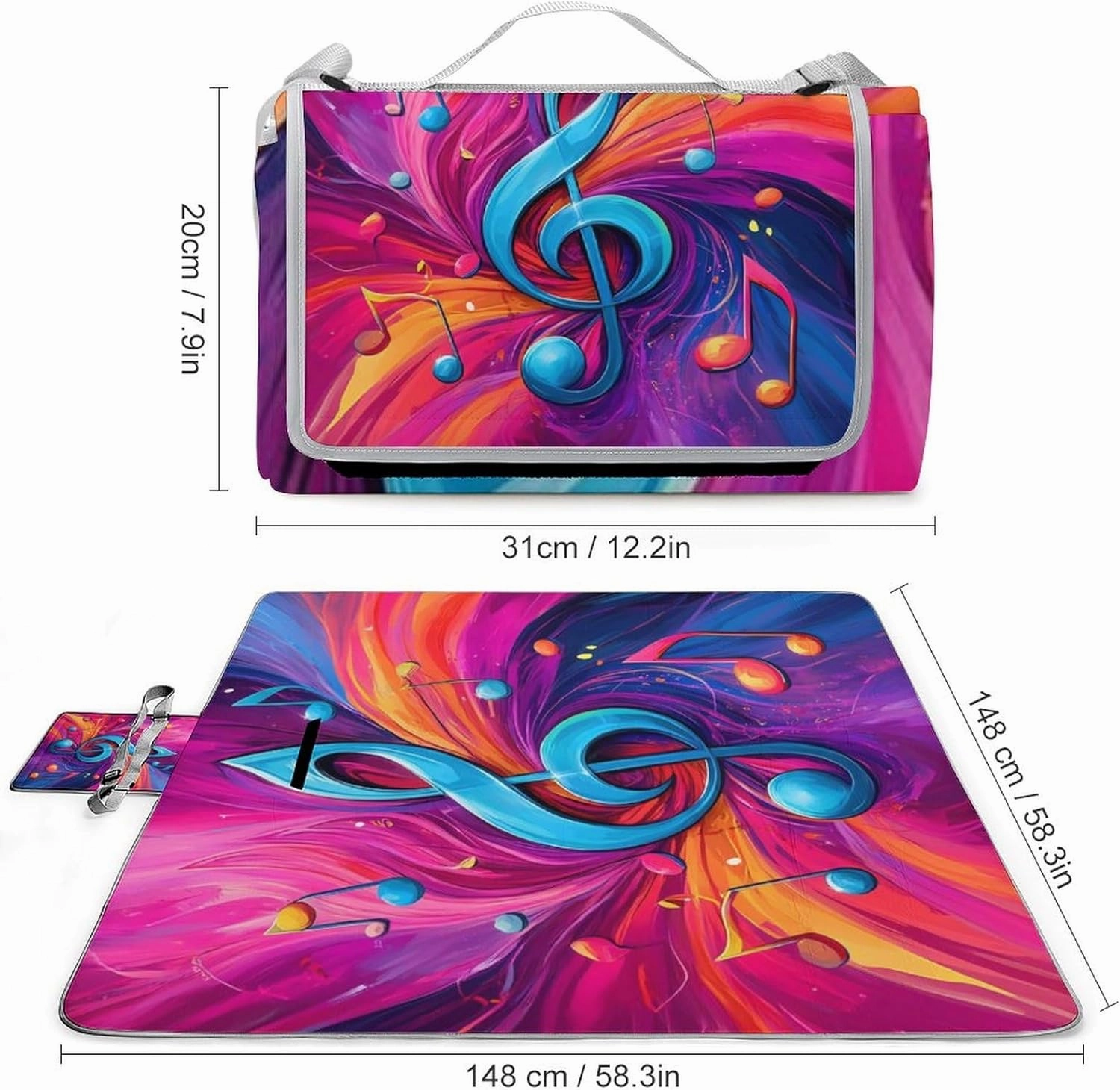Picnic Outdoor Foldable Abstract Music Notes Art Blanket, Waterproof Camping Mat for Beach, Grass Lawn, Park, Travel