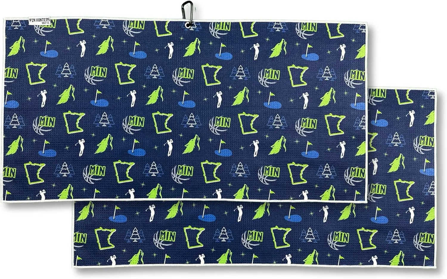 Pin Hunters Golf Towel | Premium Microfiber Waffle Towel with Carabiner Clip | California, Las Vegas, Minnesota, USA | 31” x 15.5” (Minnesota Basketball)