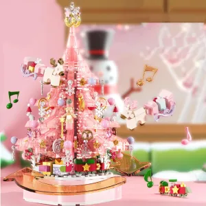 Pink Crystal Christmas Tree Building Block Set, 675 PCS Christmas Music Box Bricks Model Kit, Construction Toy for Adults Girls