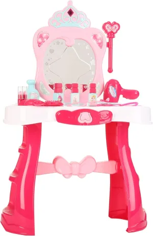 Pink Light-Up Vanity Play Set Flashing Lights, Big Mirror, Cosmetics, Working Hair Dryer