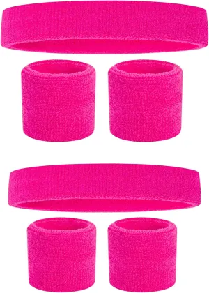 Pink Sweatband, Pink Headband and Wristbands (2 Sets), Sweat Bands Bright Color, 80s Party, Sweatbands for Women, Colorful Sweatband Set