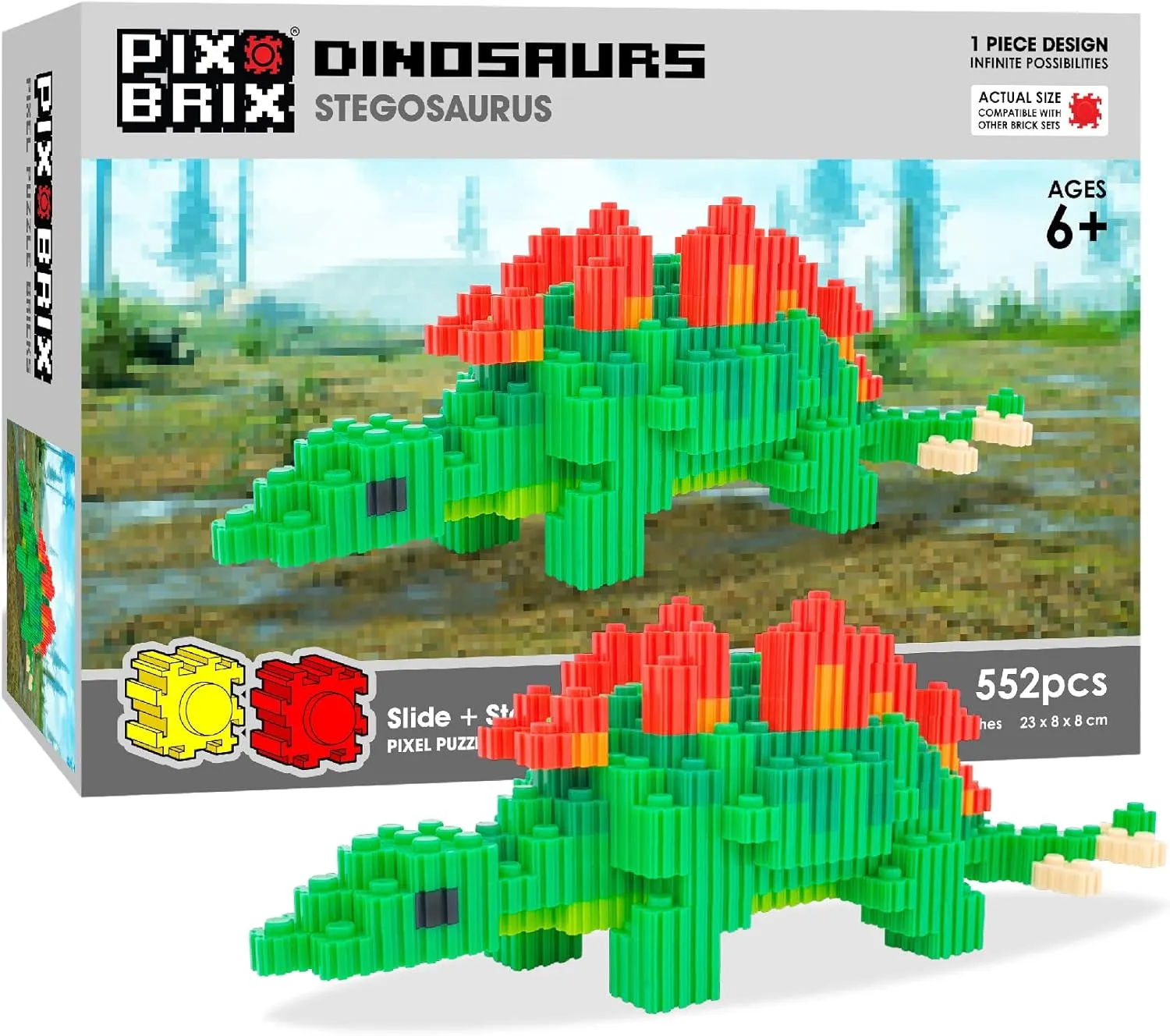 Pix Brix Pixel Art Puzzle Bricks – Dinosaur Series, Stegosaurus – Patented Building Brick Set to Recreate Your Favorite Dino, Includes 552 Pieces – Create 3D Builds Without Water, Iron or Glue
